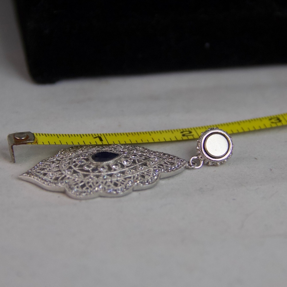 ESPO Sterling Silver 925 CZ Blue Sapphire Magnetic Snap Filigree Pendant - Picture 7 of 8